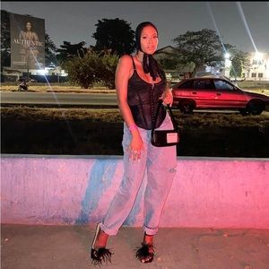 Mid Wash Thigh Split Baggy Boyfriend Jeans with Cut Outs